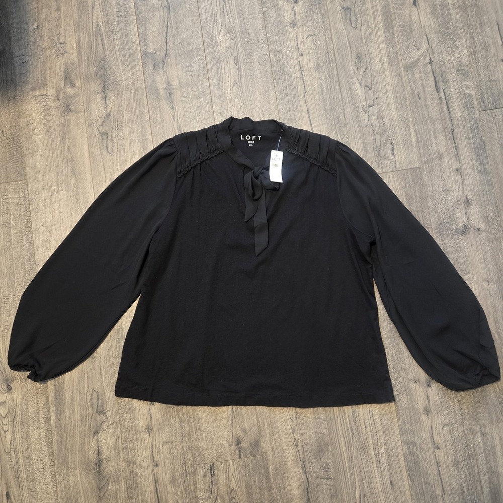 Loft Women Top XL Black Cotton and Chiffon Long Sleeve Tie Neck Lighweigt Blouse